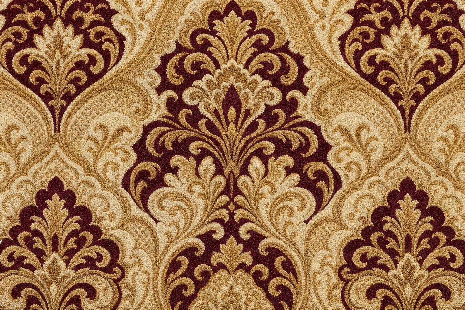 3D HD printed nylon hotel carpet swatch with elegant gold and burgundy pattern by Vishomecarpet