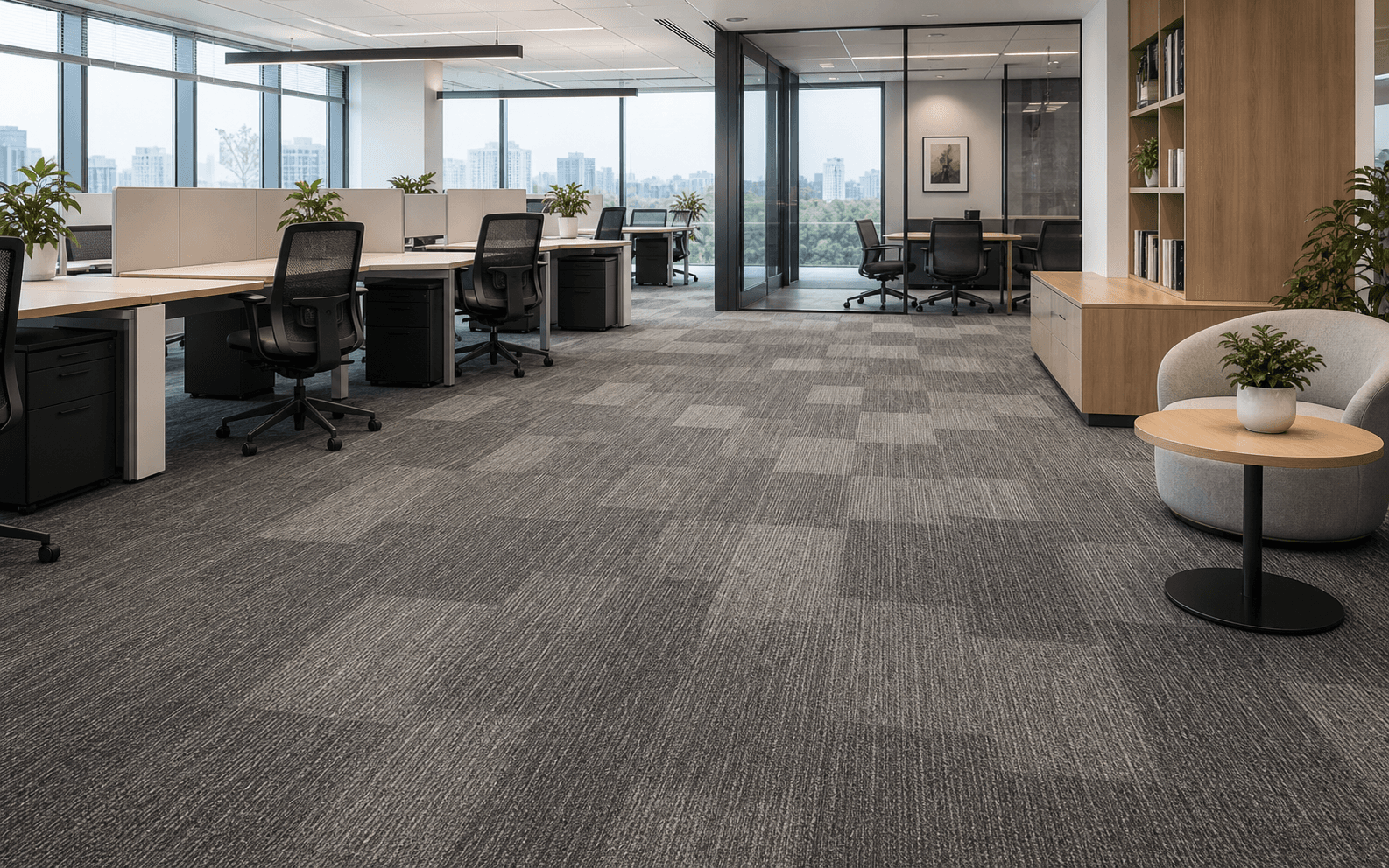 Office carpet zoning and tonal progression across workplace areas