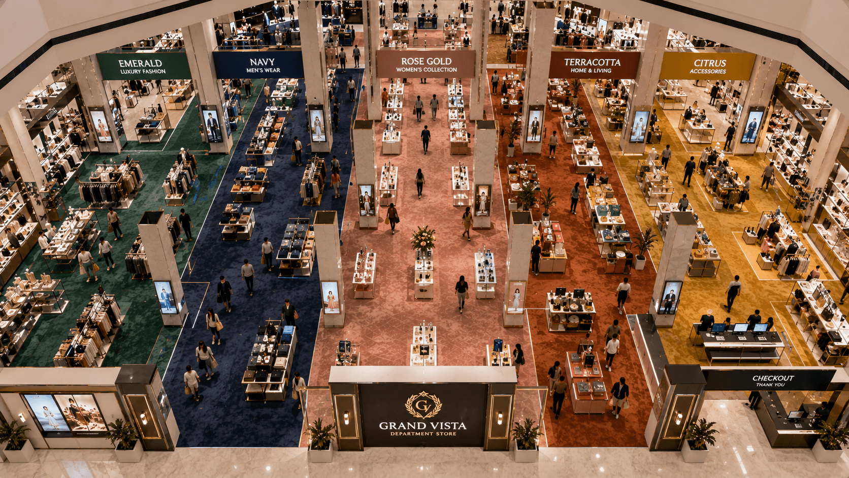 Premium beauty department with rose-gold carpet zone