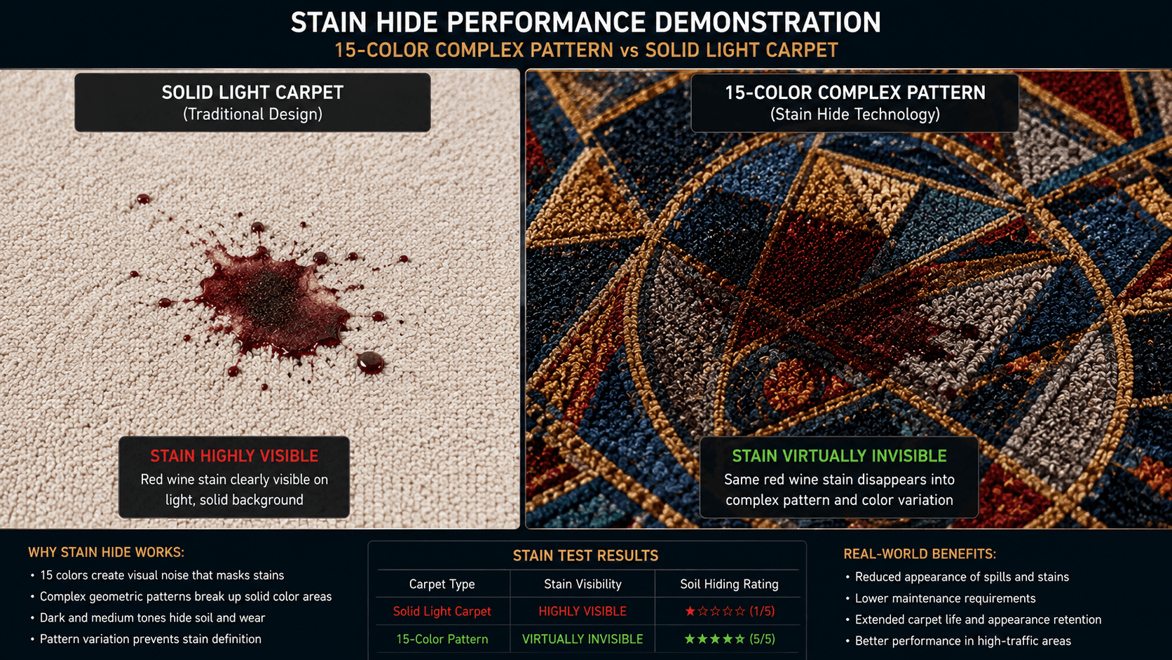 Comparison of stain visibility in complex casino carpet pattern