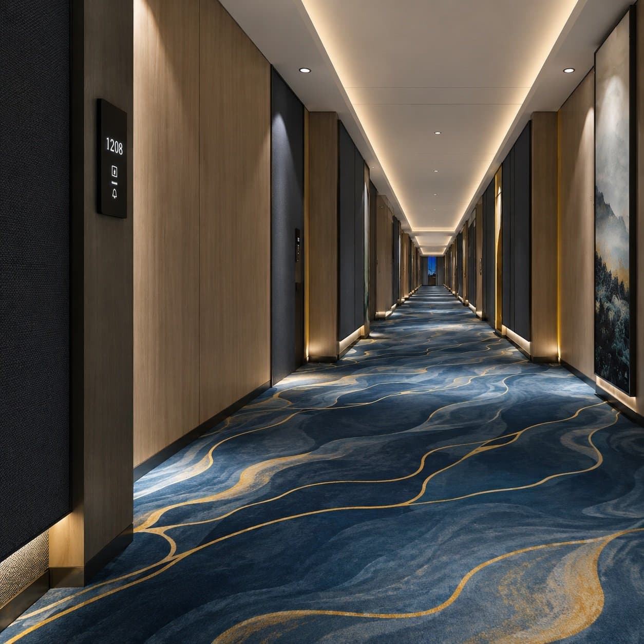 Hotel corridor wall-to-wall carpet with 3D printed blue and gold wave pattern by Vishomecarpet