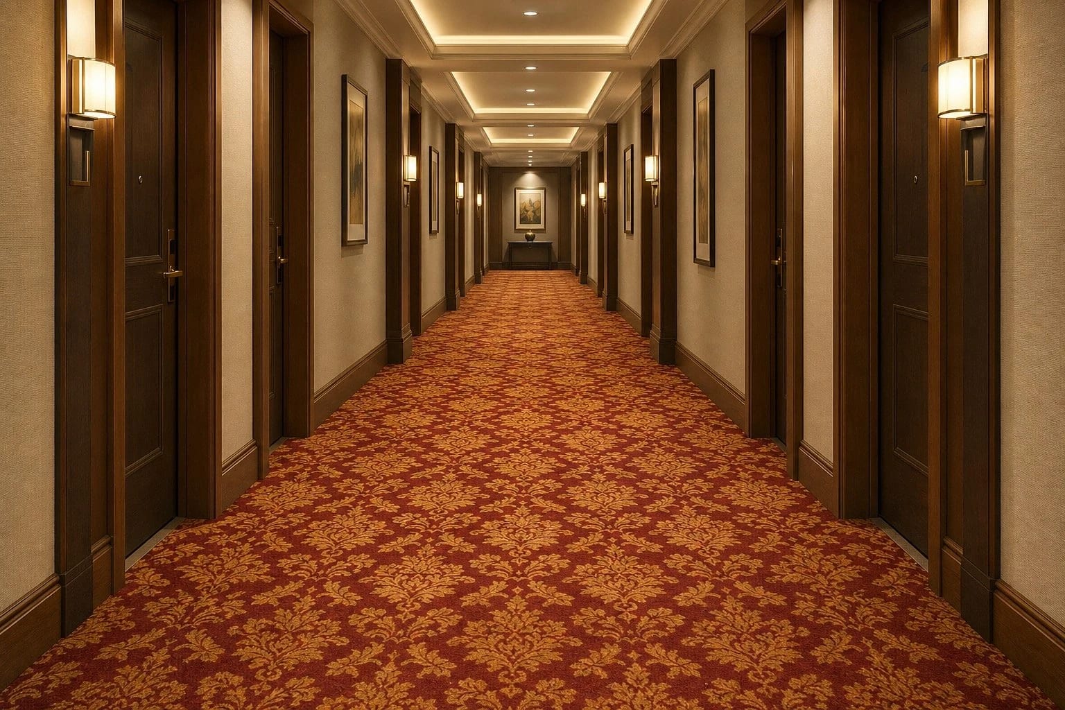 Seamless wall-to-wall printed hotel corridor carpet with ornamental pattern