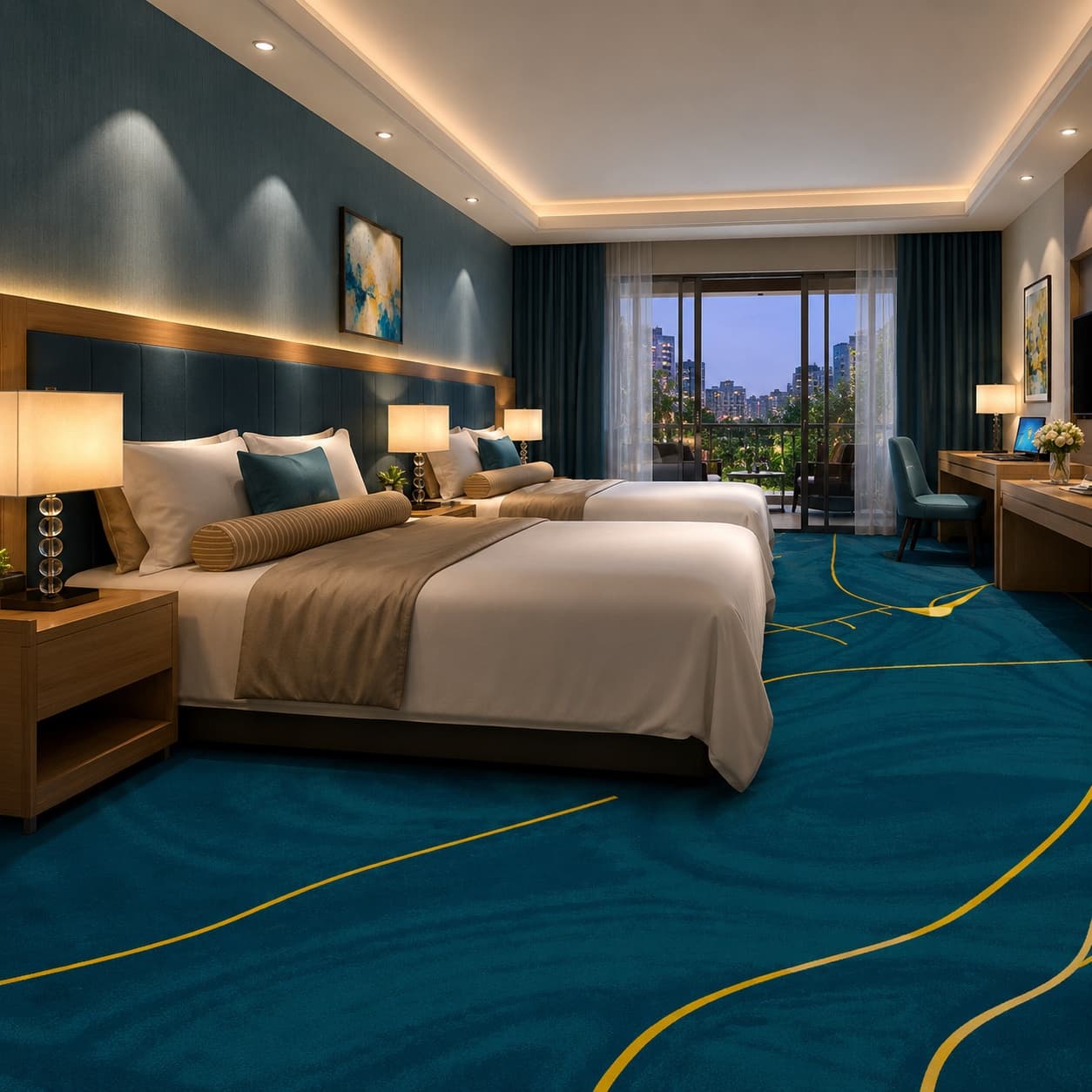 Custom 3D printed hotel broadloom carpet in a luxury guest room, teal with gold line pattern