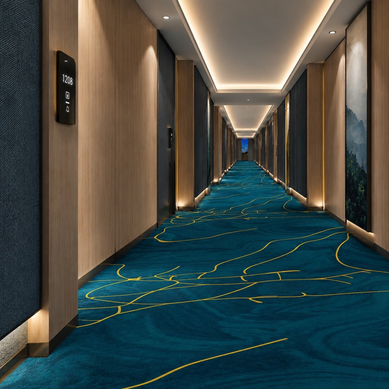 Custom 3D printed wall-to-wall hotel corridor carpet in teal with gold line pattern, project detail view