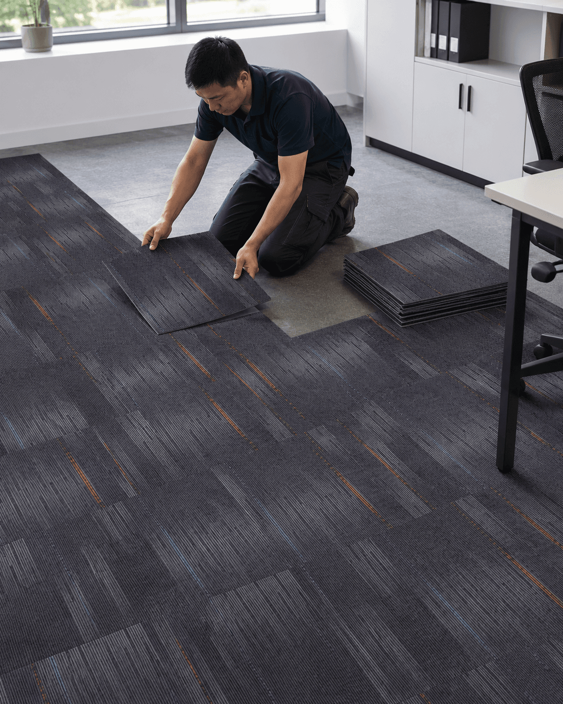 Installation demonstration of interlocking carpet tiles for tile office carpet projects