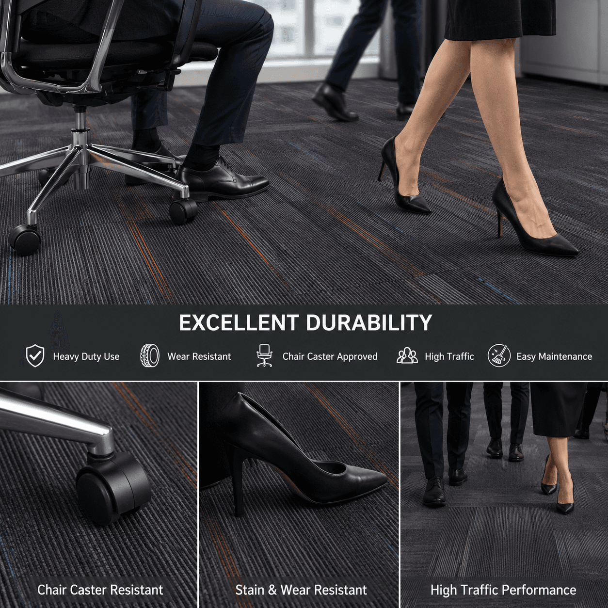 Wear resistance detail for nylon carpet tiles used in high traffic office carpet floors
