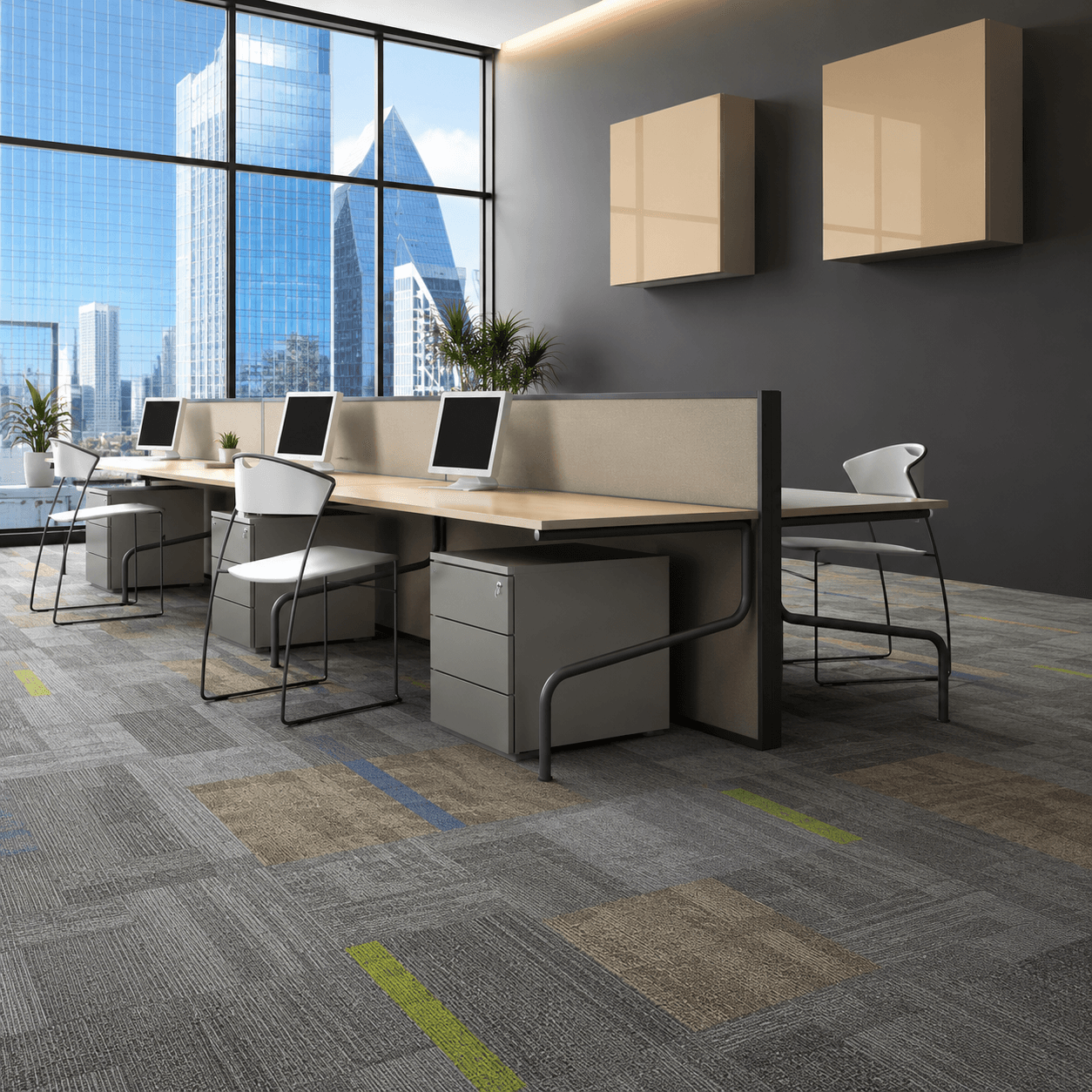 Open office carpet using gray nylon carpet tiles with tile decor carpet accents