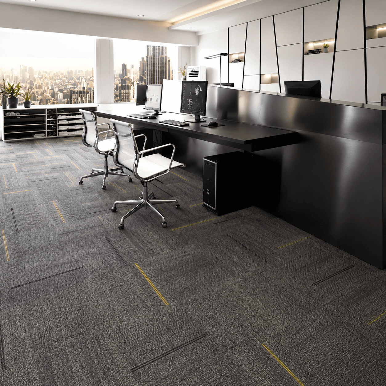 Commercial office detail image showing gray tile nylon carpet and office carpet floor