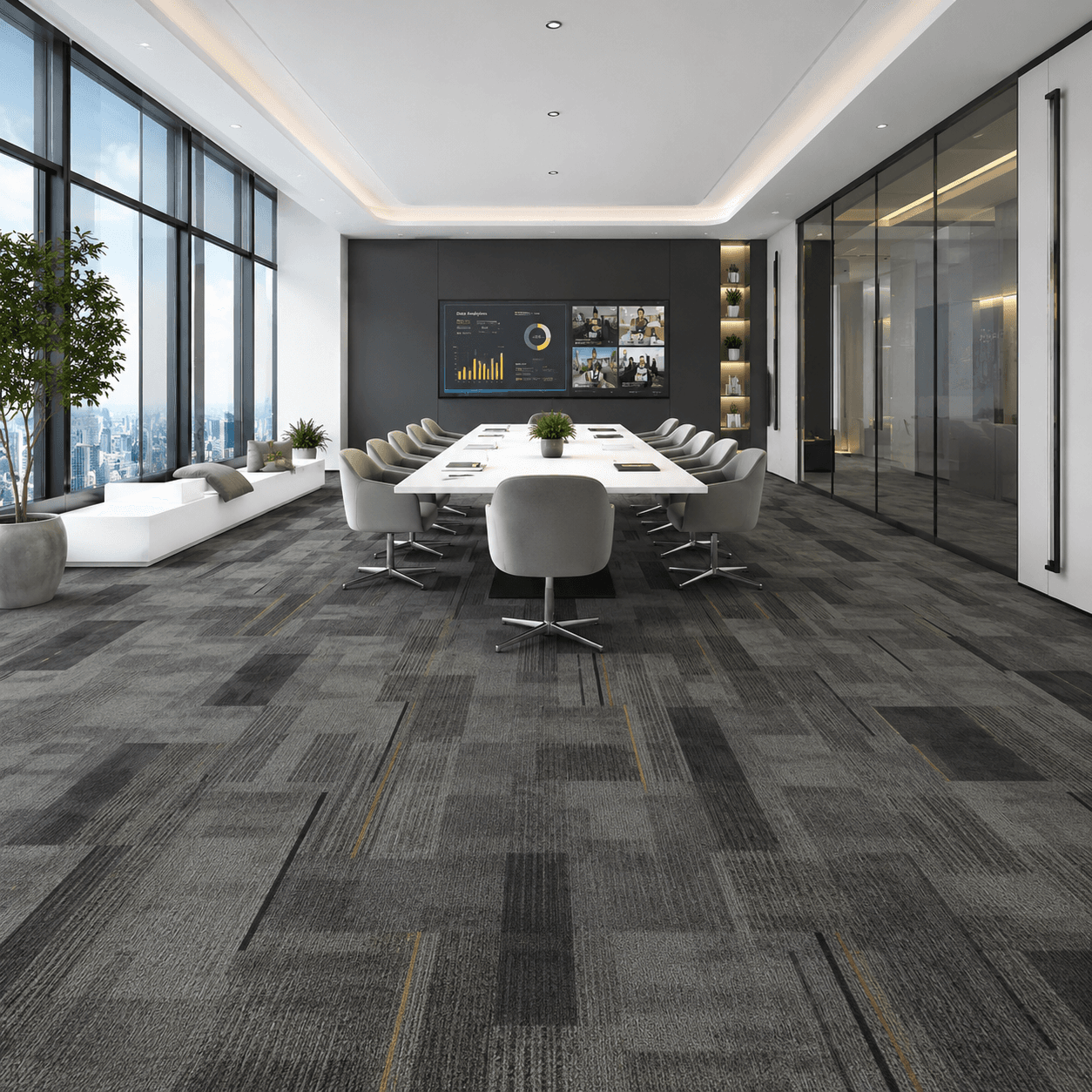 Conference room hotel carpet floor application with interlocking carpet tiles
