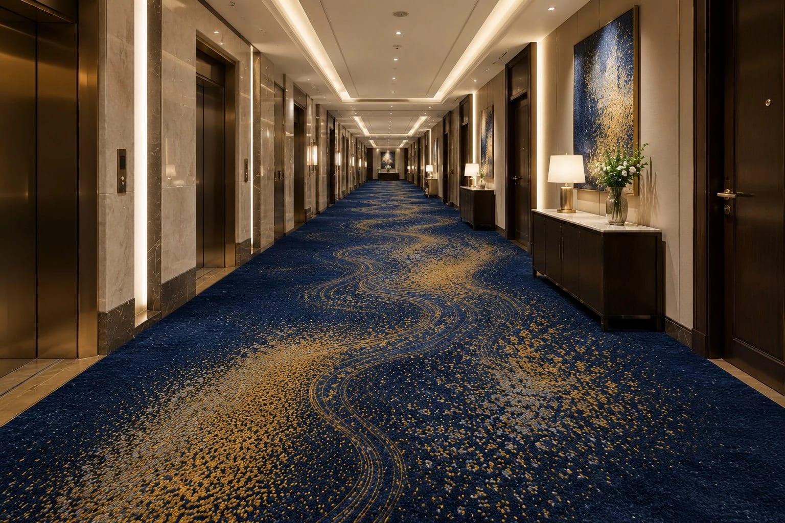 Blue and gold glitter hotel corridor broadloom carpet installed in a luxury hotel by Vishomecarpet