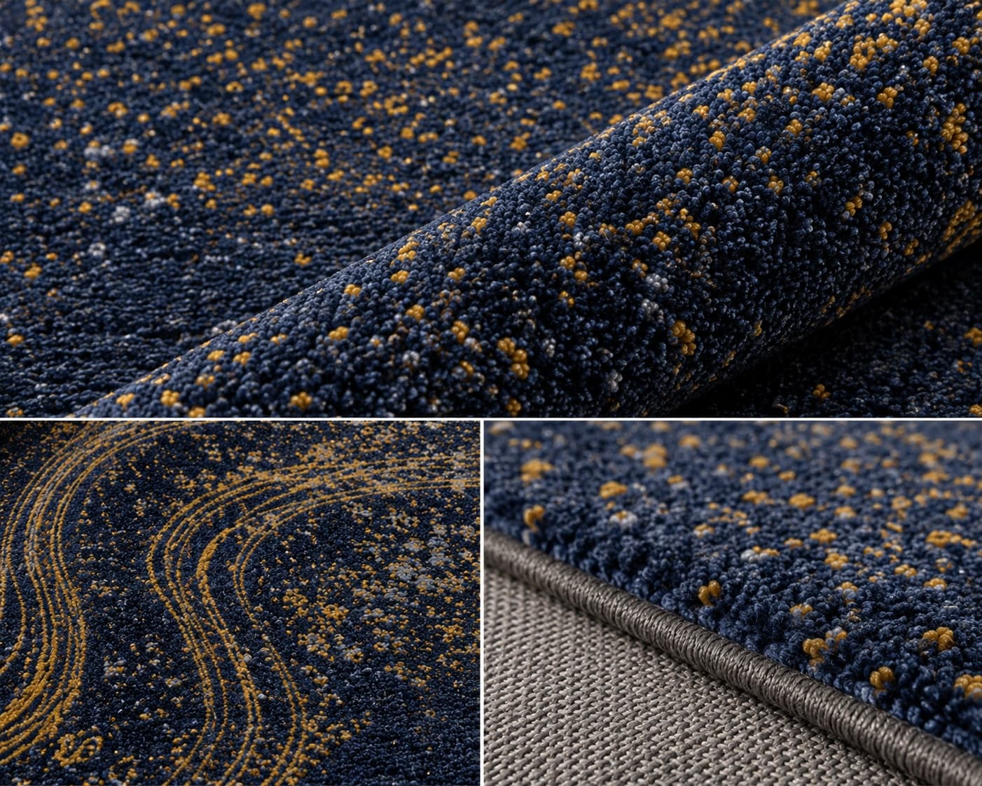 Close-up of blue gold hotel broadloom carpet texture and pattern