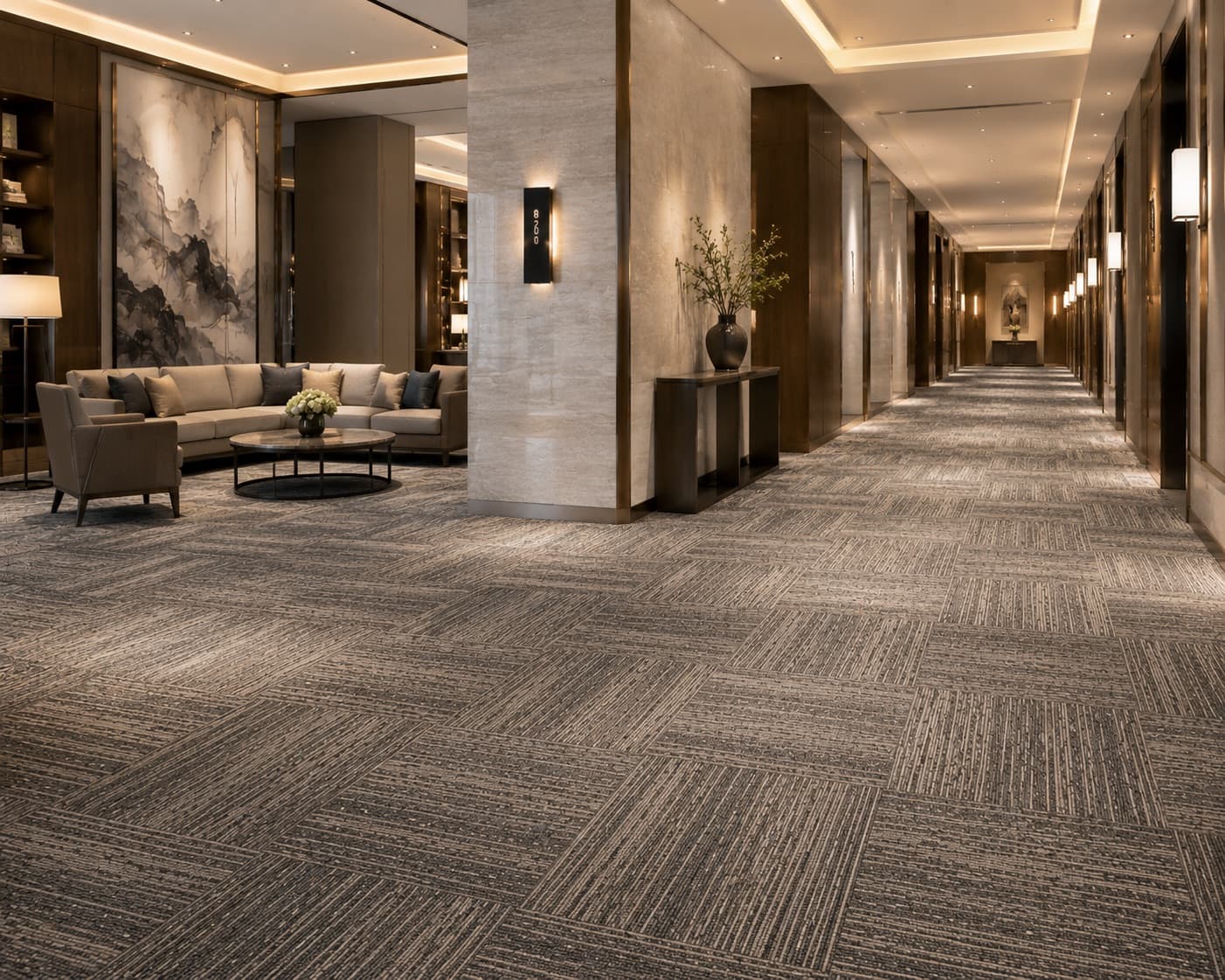 Hotel lobby and corridor application using commercial carpet tiles for heavy traffic areas
