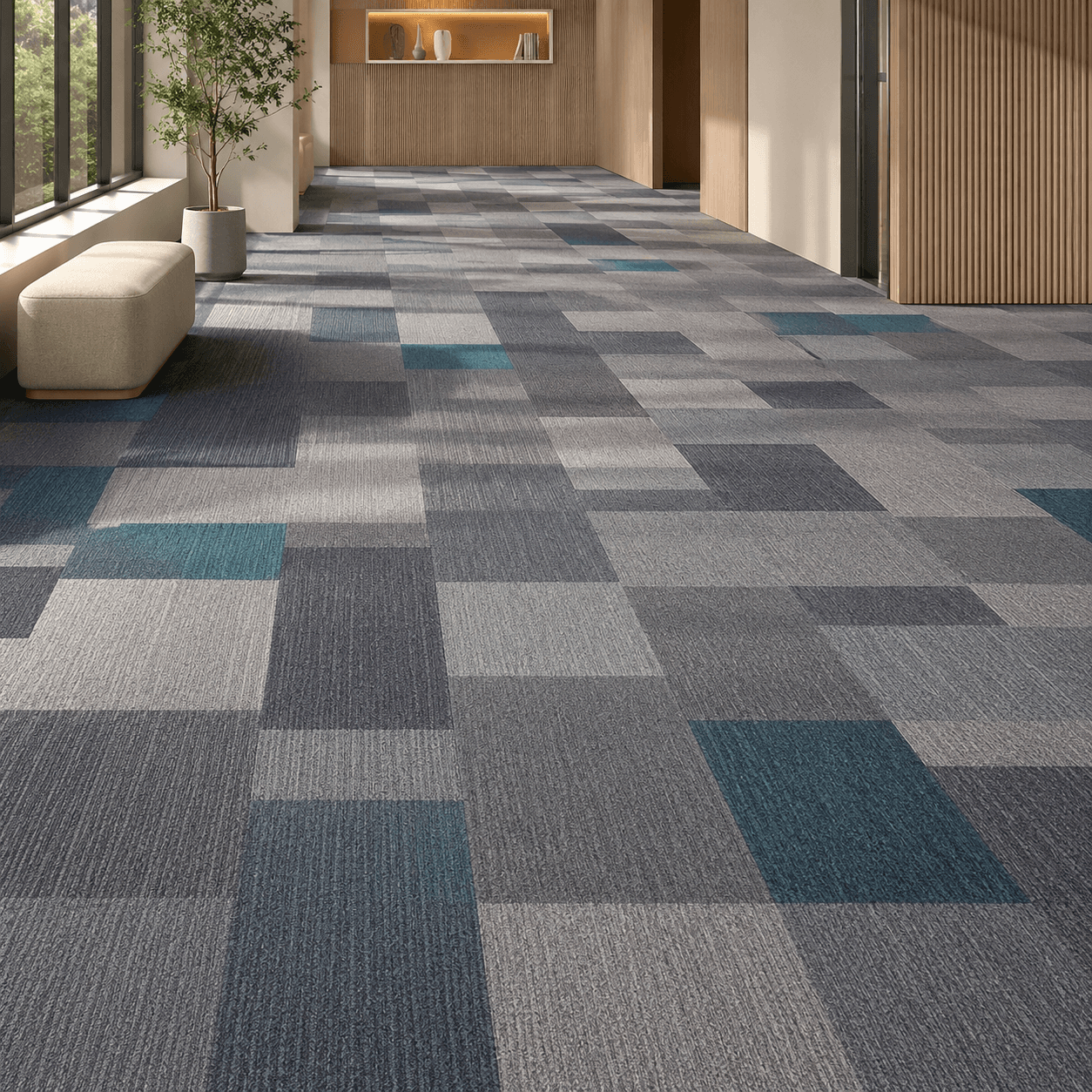 Commercial nylon carpet tiles in an office lobby and meeting area