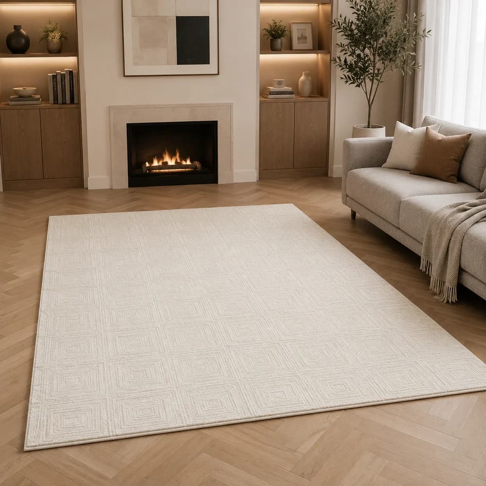 Custom sculpted wool rug in a premium commercial showroom