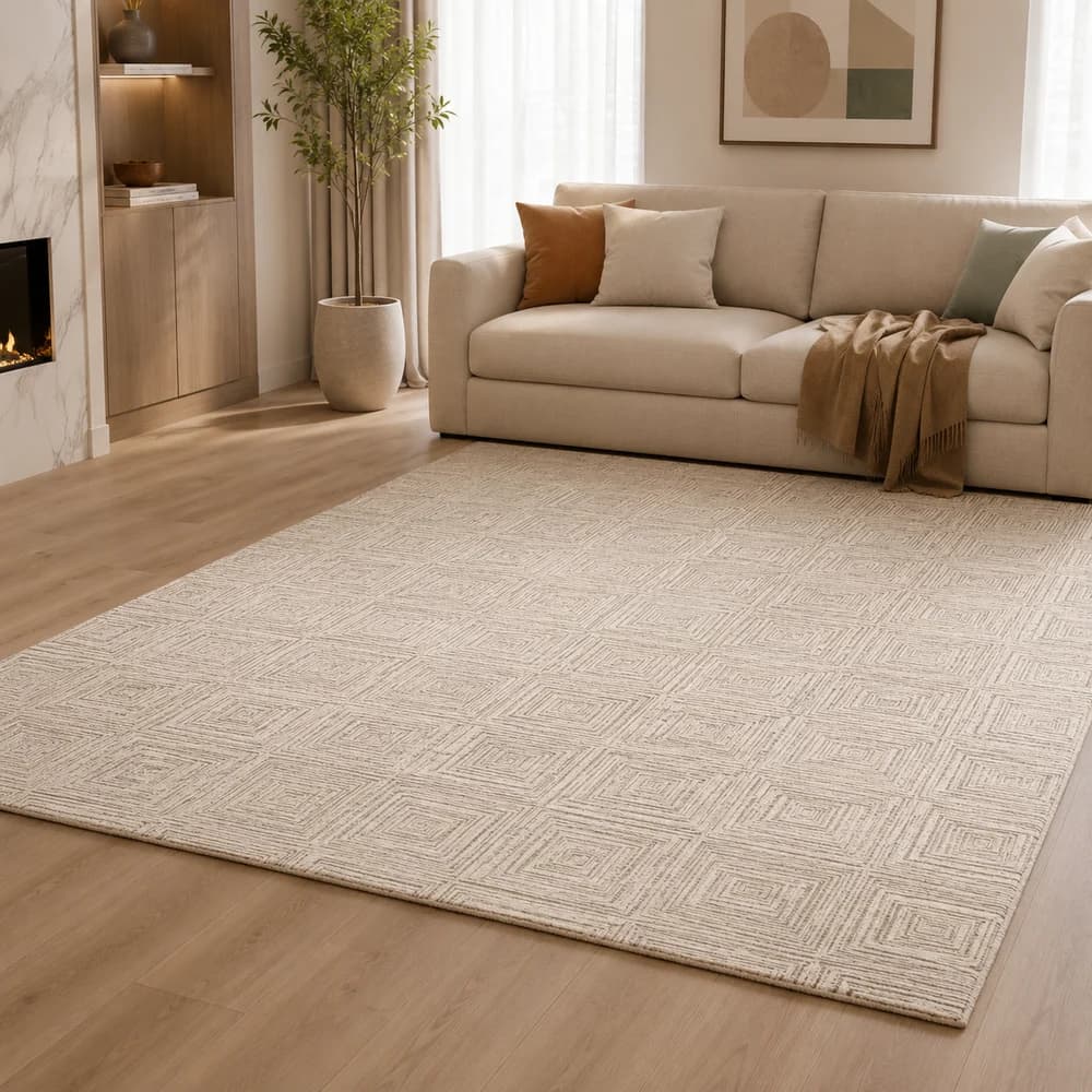 Sand beige sculpted wool rug in a private club lounge