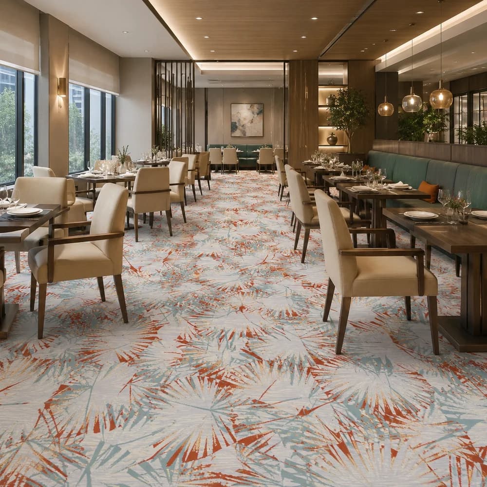 Custom hospitality carpet installed in a luxury hotel corridor