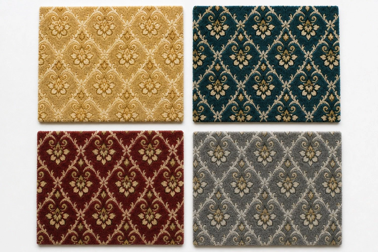 Hotel printed broadloom carpet pattern shown in four custom colorways