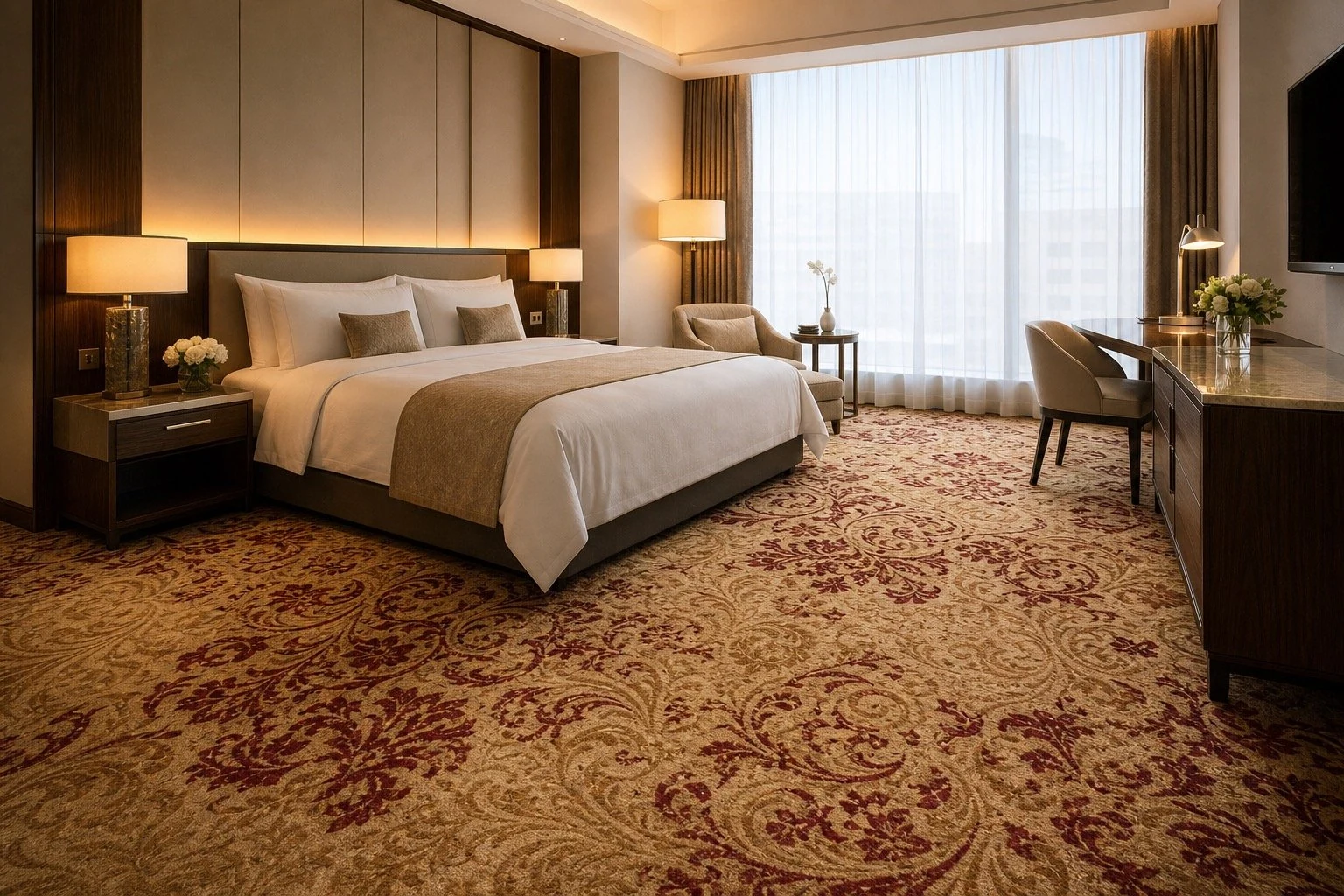 Printed nylon broadloom carpet installed in a luxury hotel guestroom