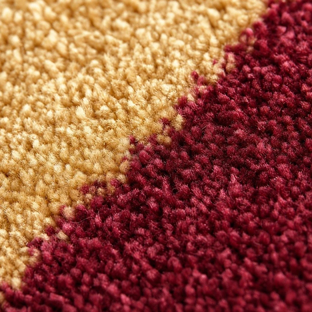 Close-up macro of dense printed nylon hotel carpet pile texture
