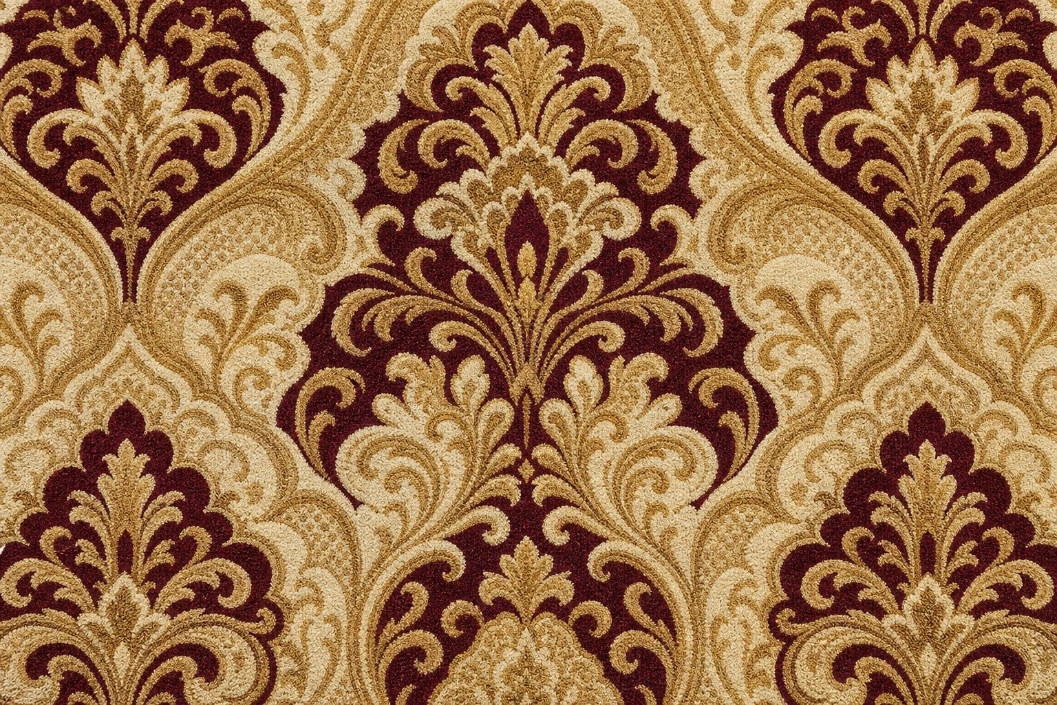 3D HD printed nylon hotel carpet swatch with elegant gold and burgundy pattern by Vishomecarpet