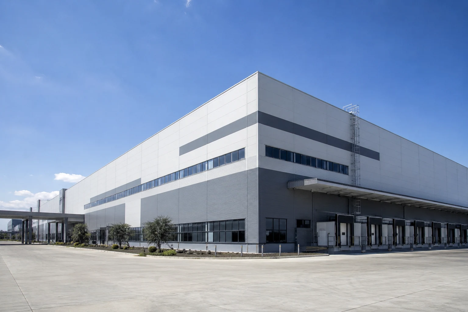 Modern commercial carpet factory exterior