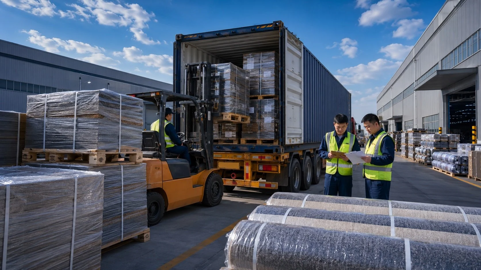 Export logistics loading of commercial carpets at Vishome factory