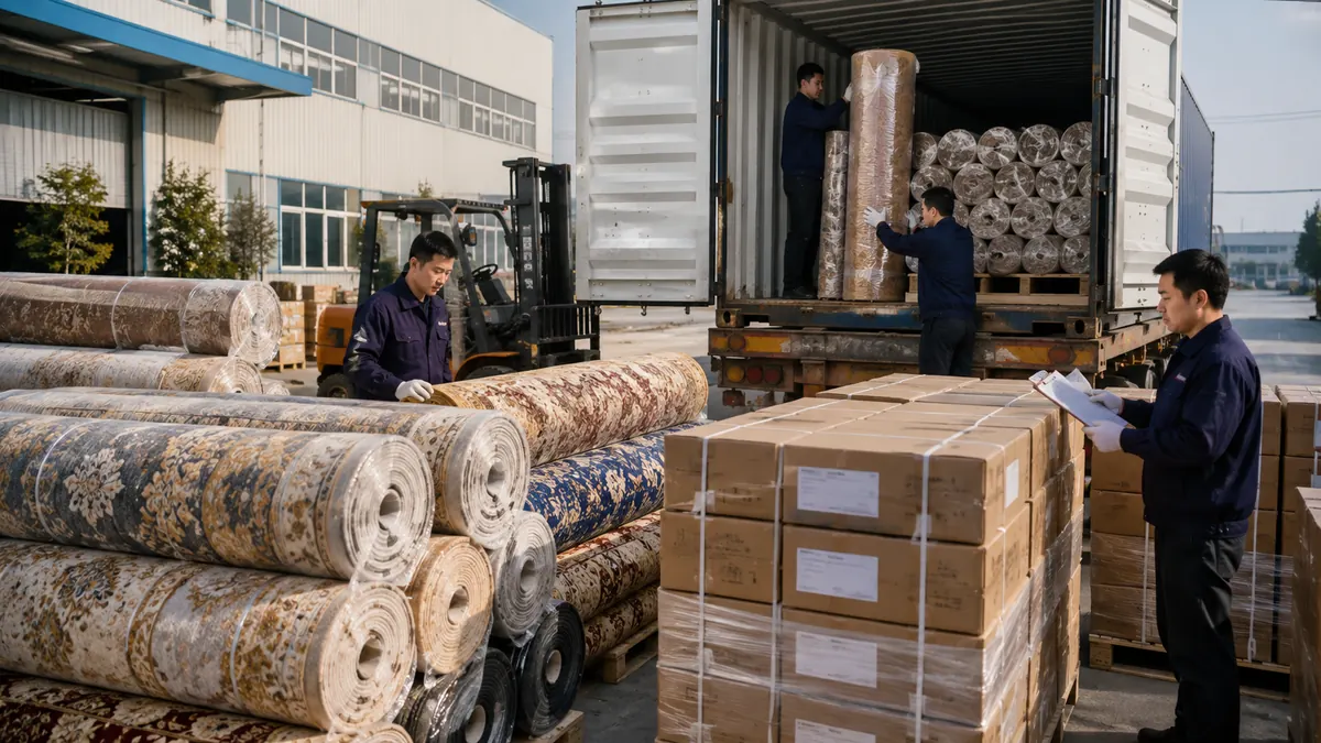 Commercial carpet rolls and carpet tile cartons prepared for export shipping
