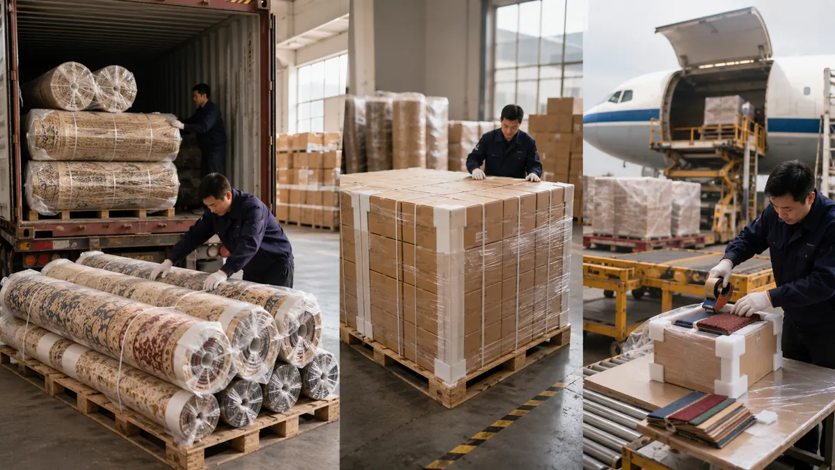 Commercial carpet rolls, cartons and protected sample packaging prepared for export