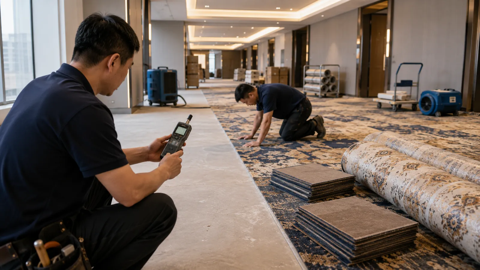 Installer measuring humidity and floor conditions during a commercial carpet installation