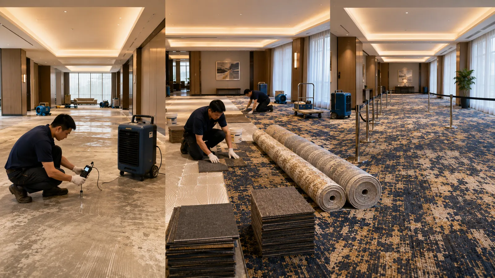 Commercial carpet installation team checking floor conditions before, during and after hotel carpet installation