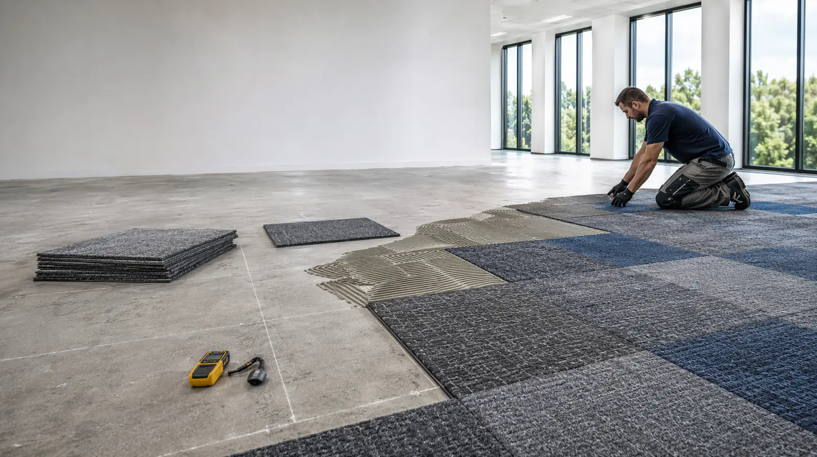 Professional installer fitting gray and blue commercial carpet tiles over a prepared concrete slab
