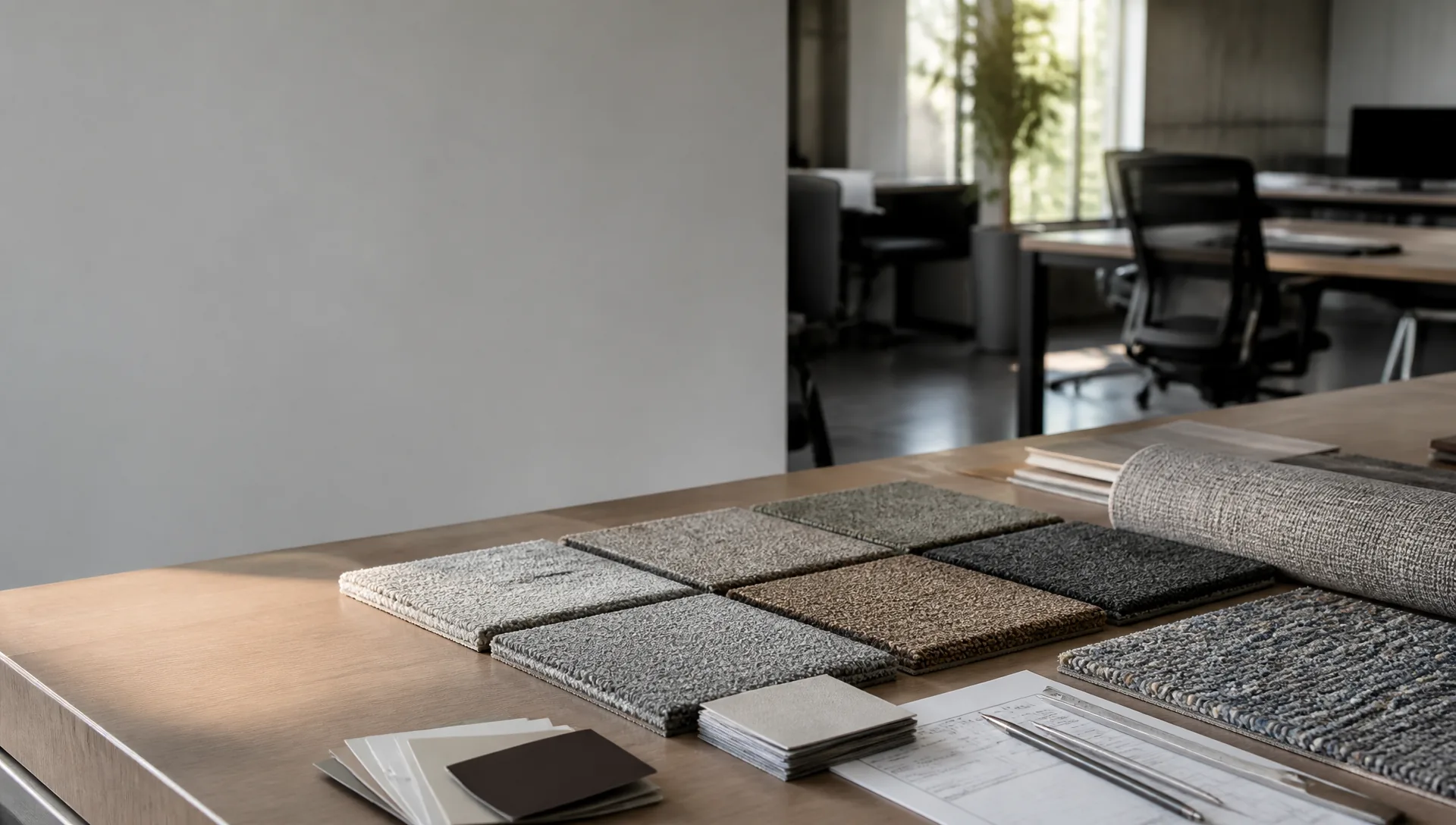 Commercial carpet sample approval desk with samples and measuring tools