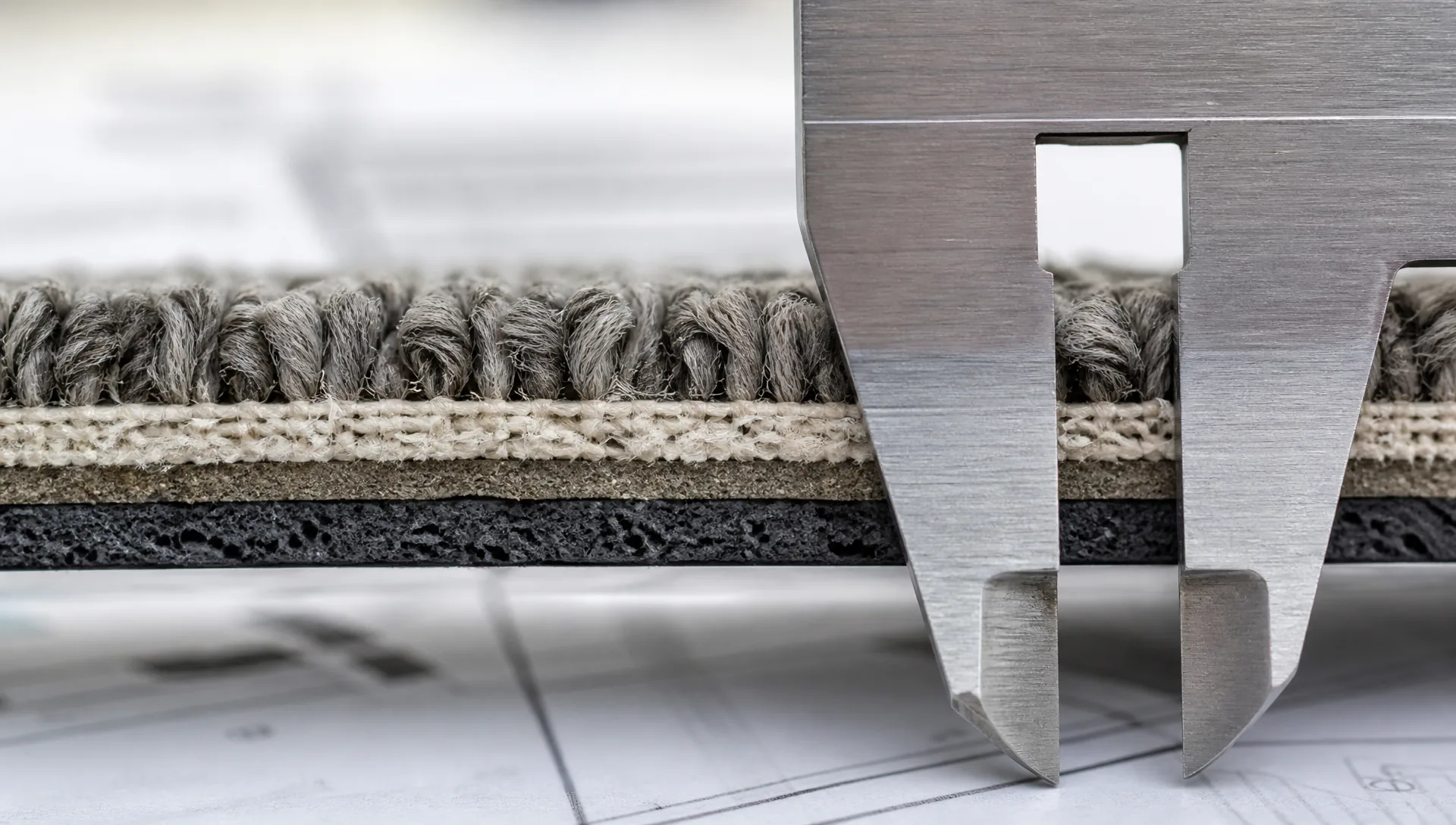 Commercial carpet sample backing and pile construction measured with a caliper