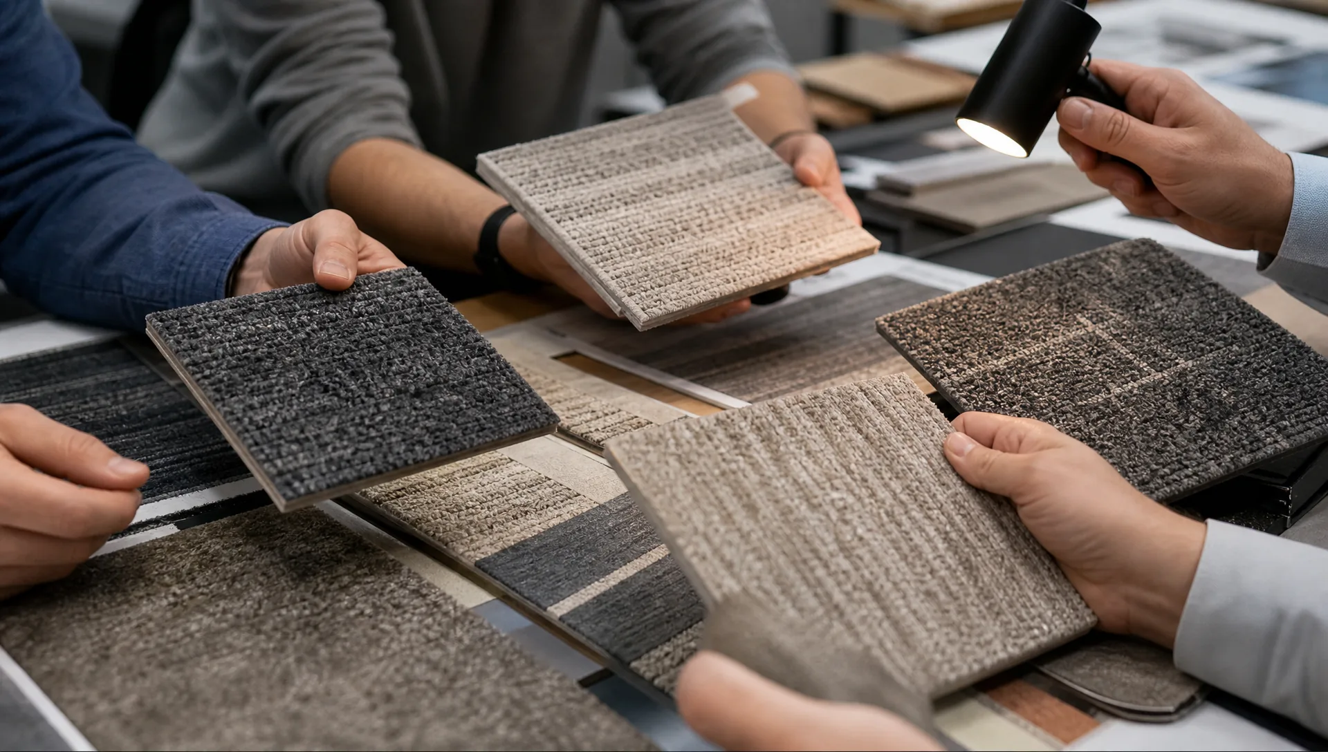 Commercial carpet reviewers comparing sample color and pattern under project lighting
