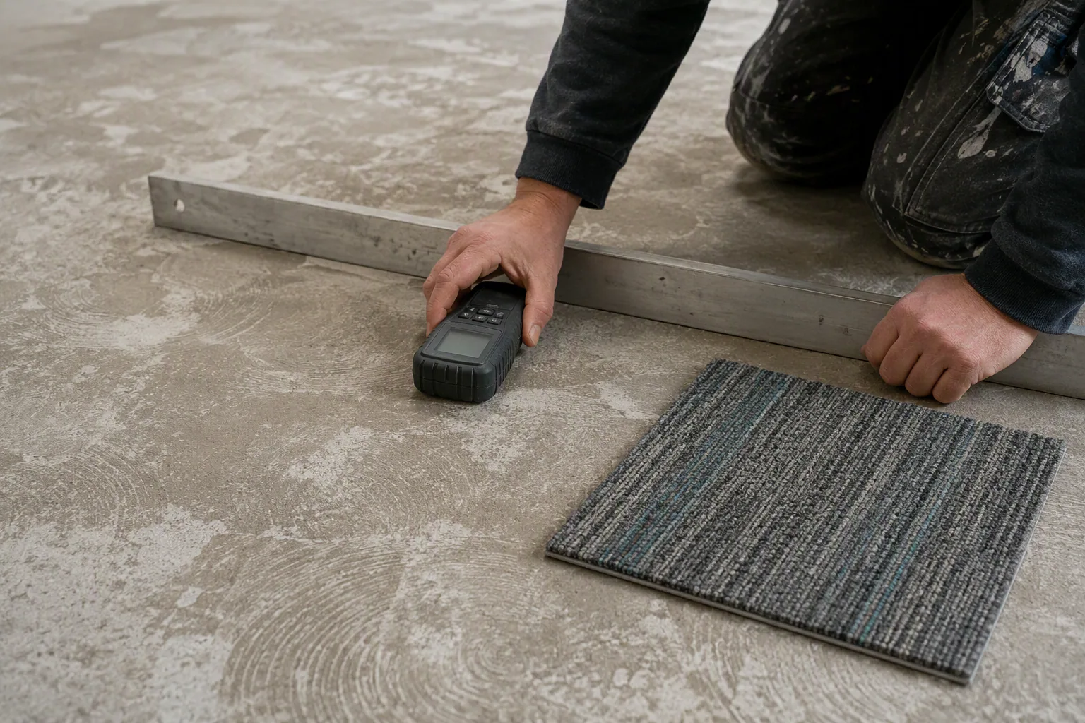 Installer checking moisture and flatness on a commercial concrete subfloor before carpet tile installation