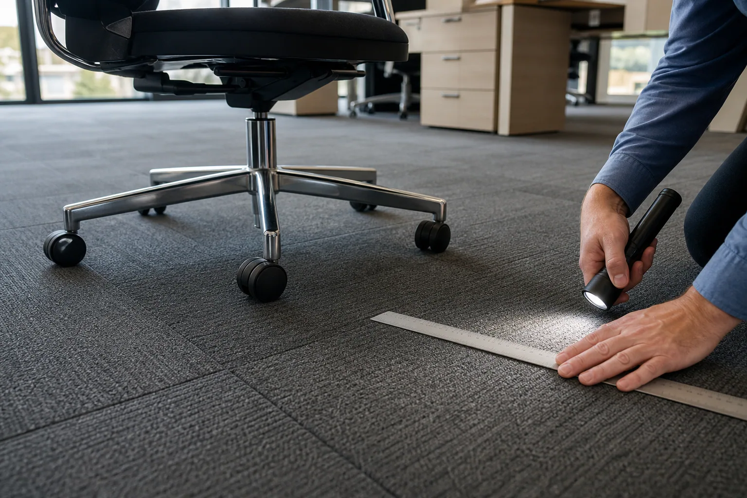 Installer checking seams and rolling chair traffic areas on a newly installed commercial carpet tile floor