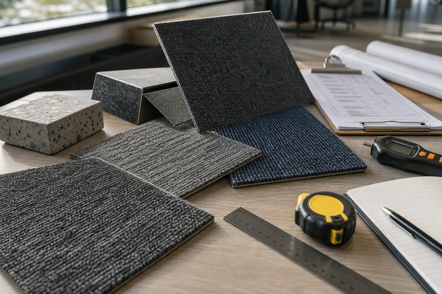 Commercial carpet tile samples and subfloor inspection tools arranged for a project review
