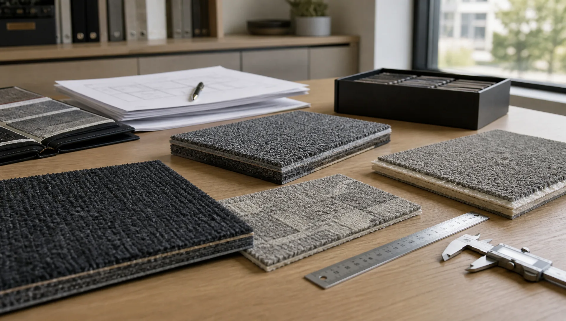 Close-up comparison of commercial carpet tile pile and layered backing construction