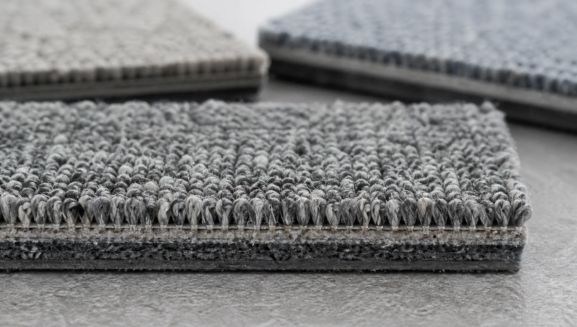 Macro view of carpet tile pile and backing layers reviewed for a commercial specification