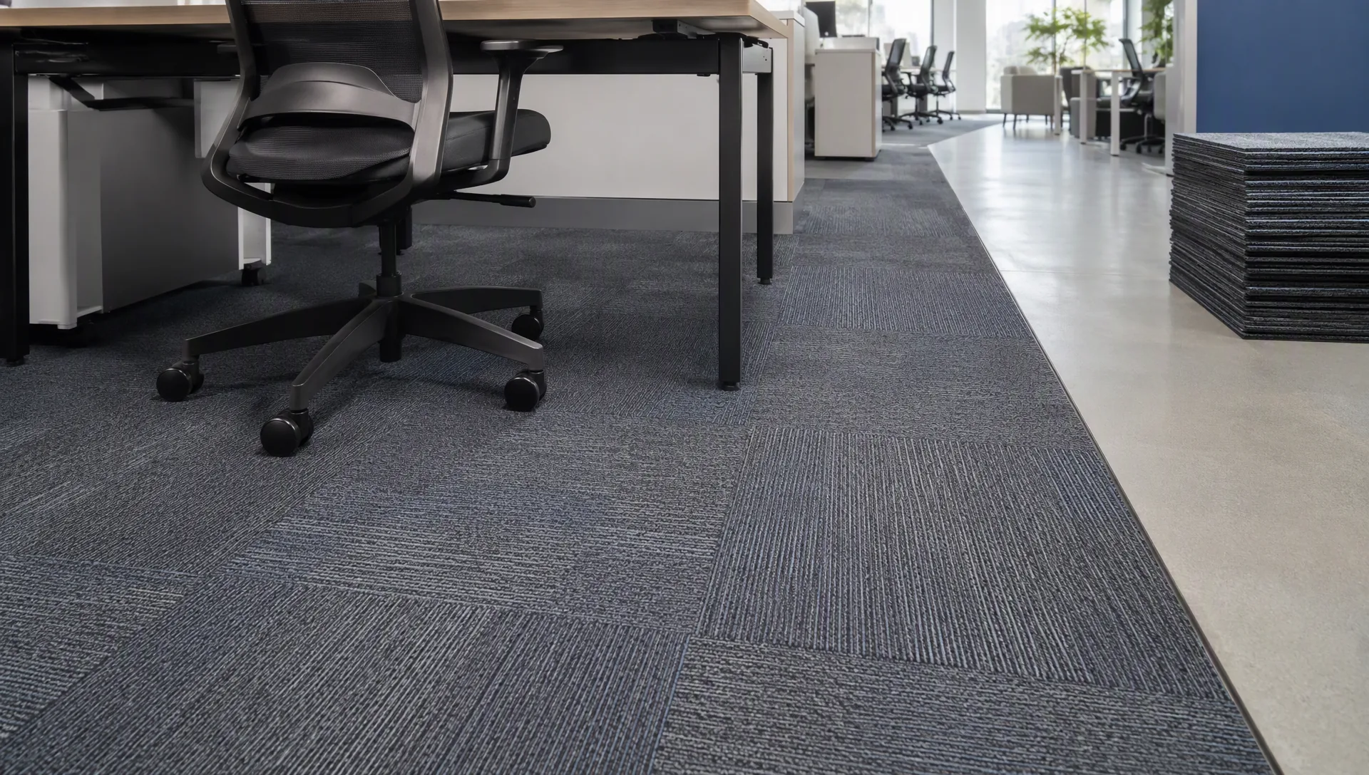 Commercial carpet tiles under rolling office chair traffic in a workstation zone