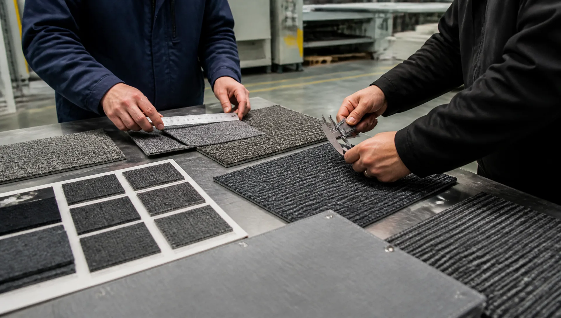 Commercial carpet tile samples and technical details checked during factory approval