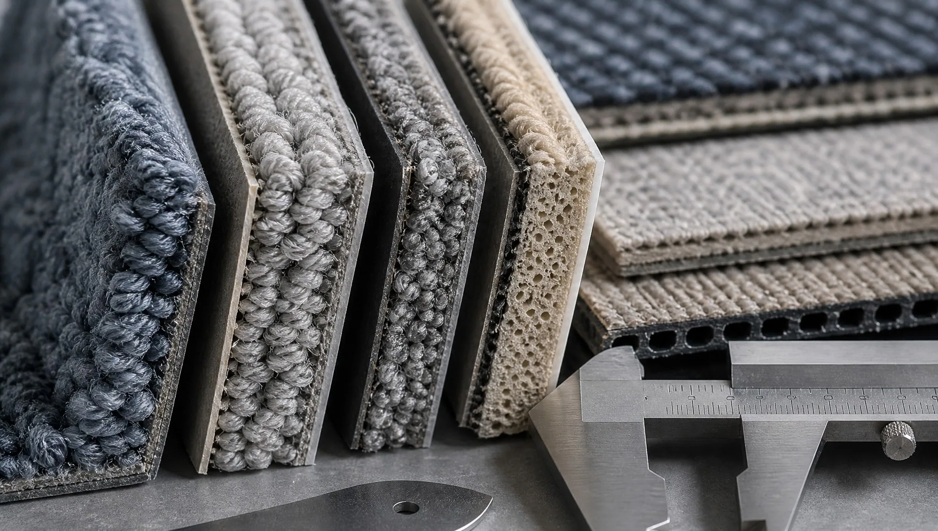 Commercial carpet tile fiber and backing samples being compared with a measuring tool