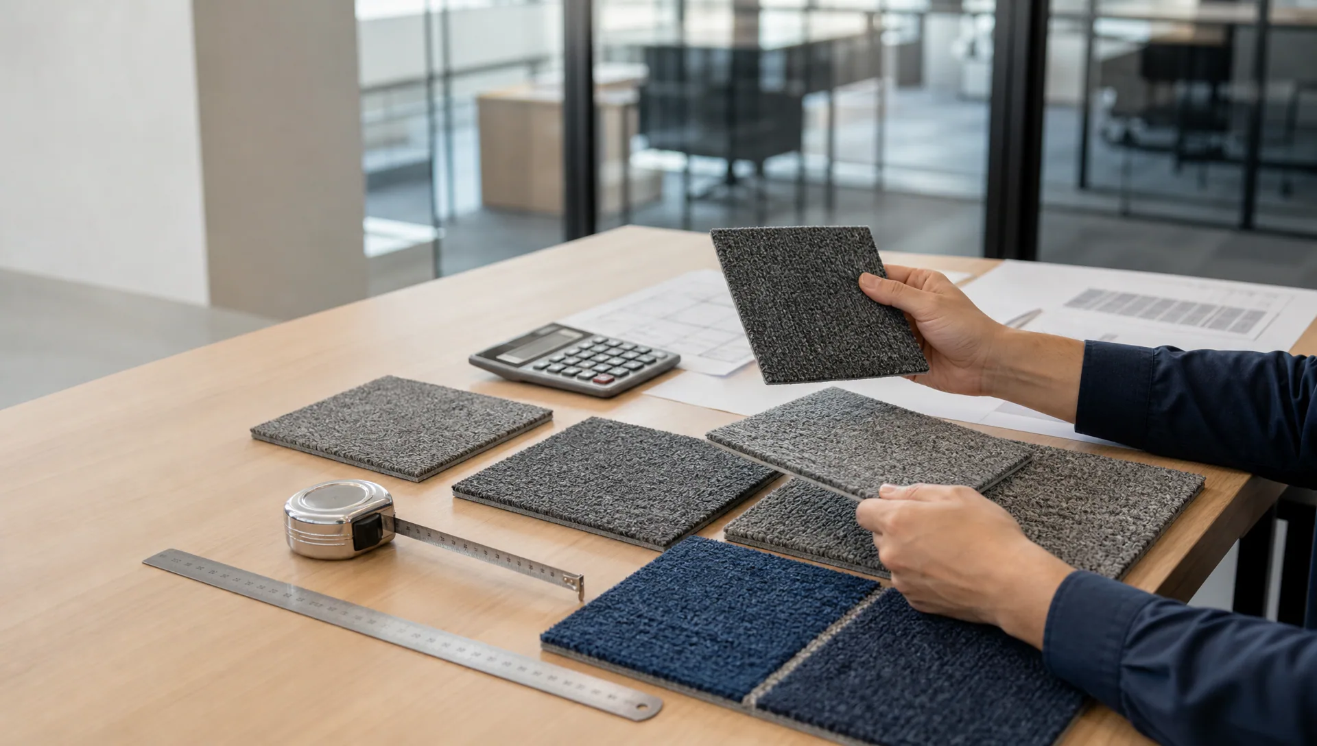 Commercial carpet tile samples and quotation review materials on a procurement desk