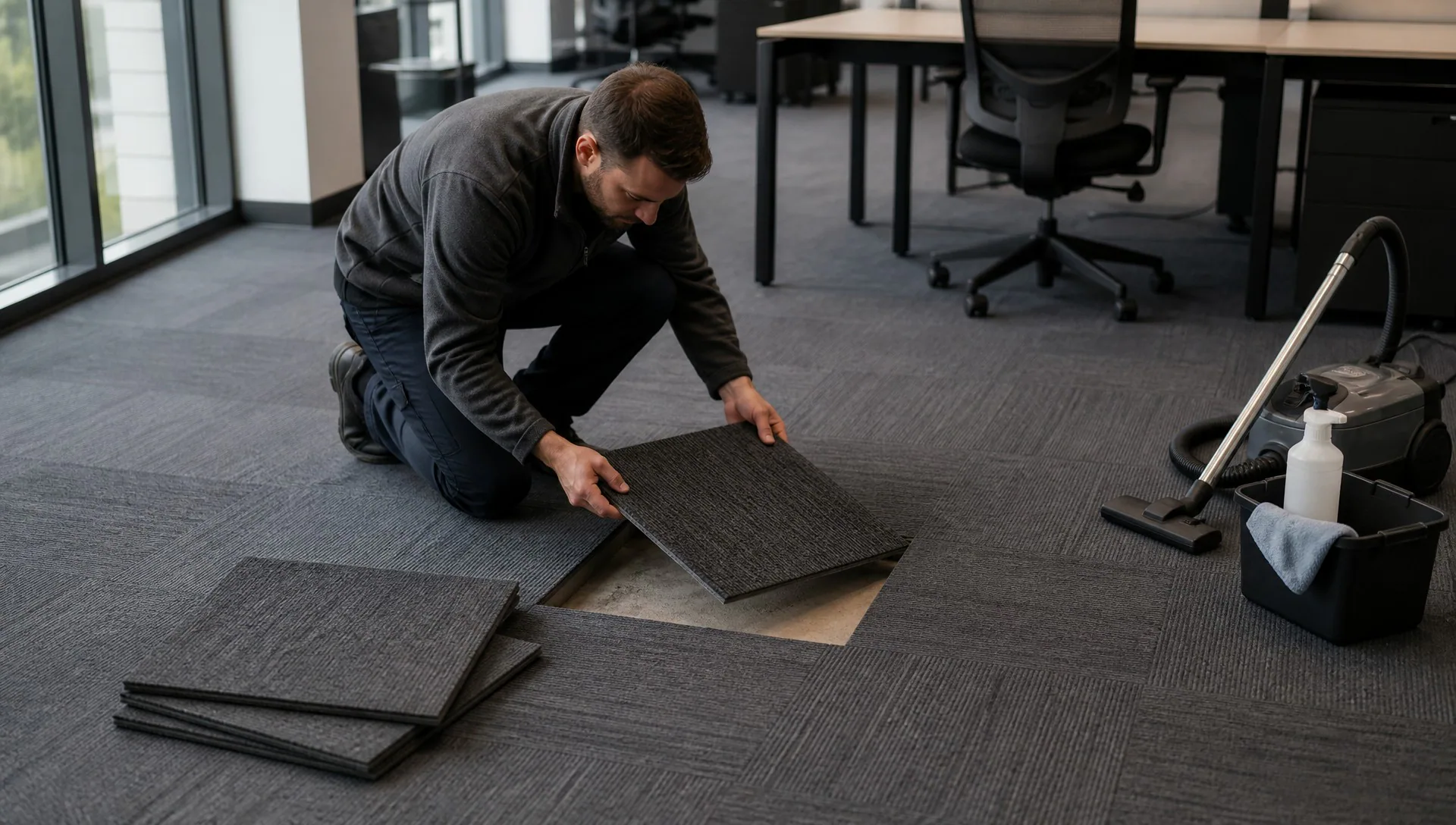 Facilities worker checking a removable commercial carpet tile module in an office