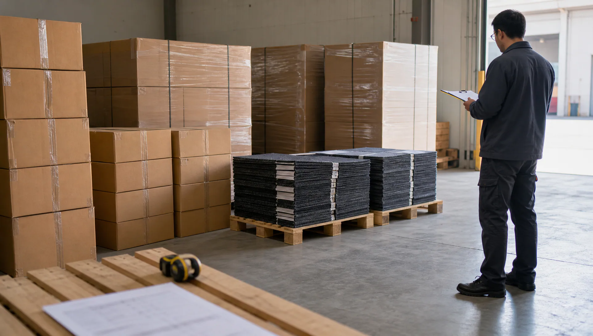 Commercial carpet tile cartons and packing measurements reviewed for a project shipment