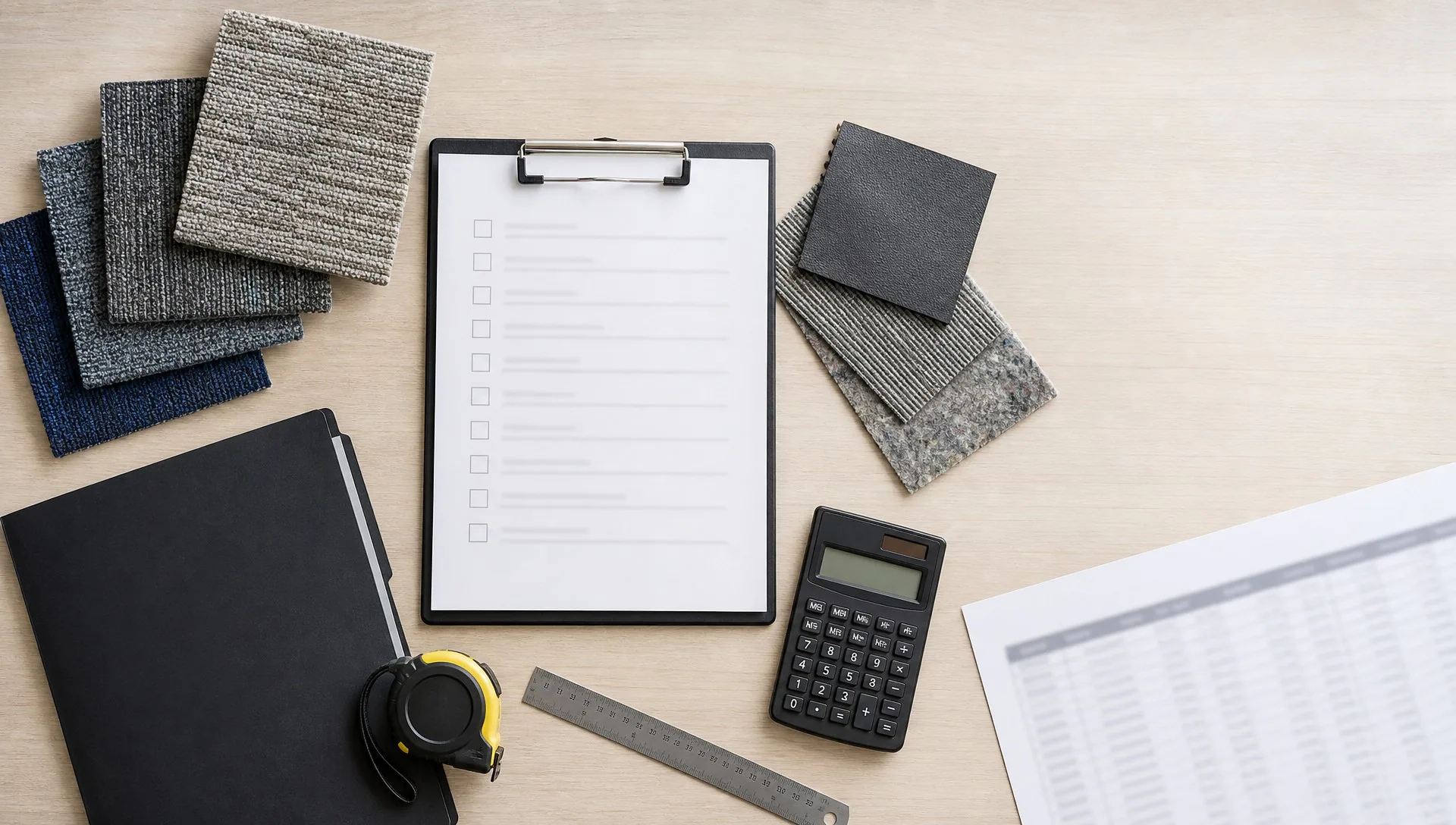 Commercial carpet tile RFQ checklist materials arranged beside carpet tile samples
