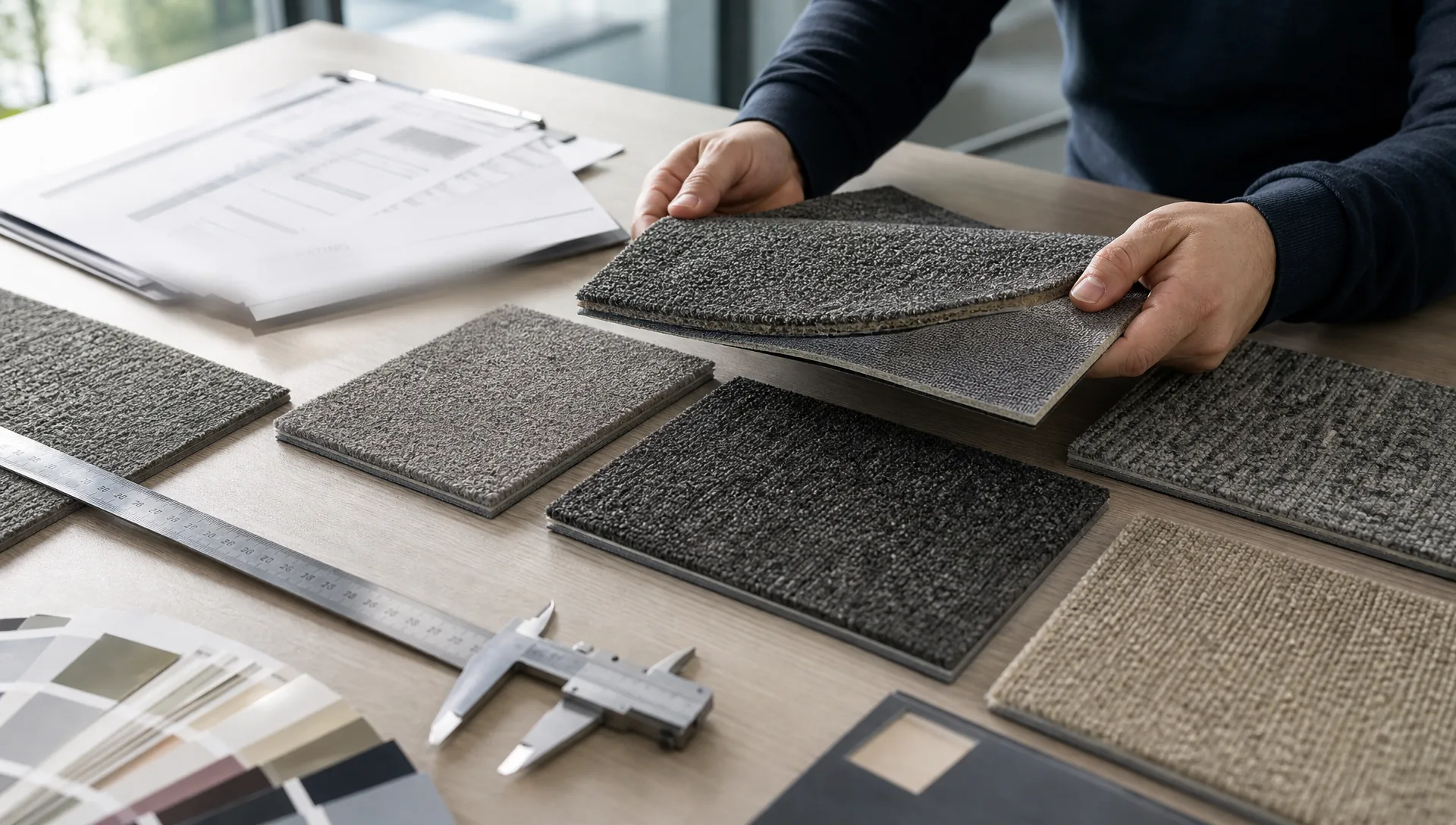 Commercial carpet tile samples being checked with technical documents for fire rating and VOC requirements