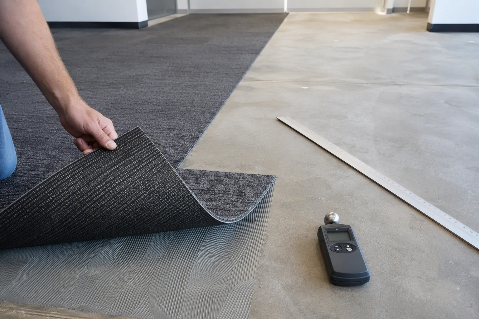 Commercial carpet tile lifted during concrete subfloor and adhesive review before installation
