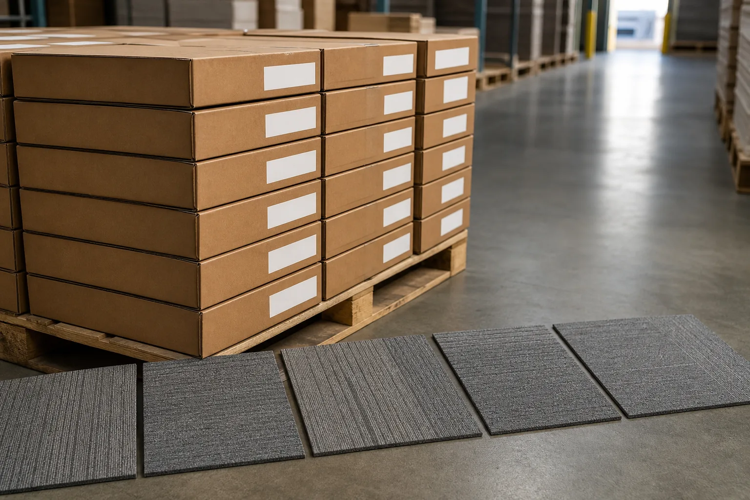 Commercial carpet tile spare stock cartons and matching replacement tiles in a warehouse aisle
