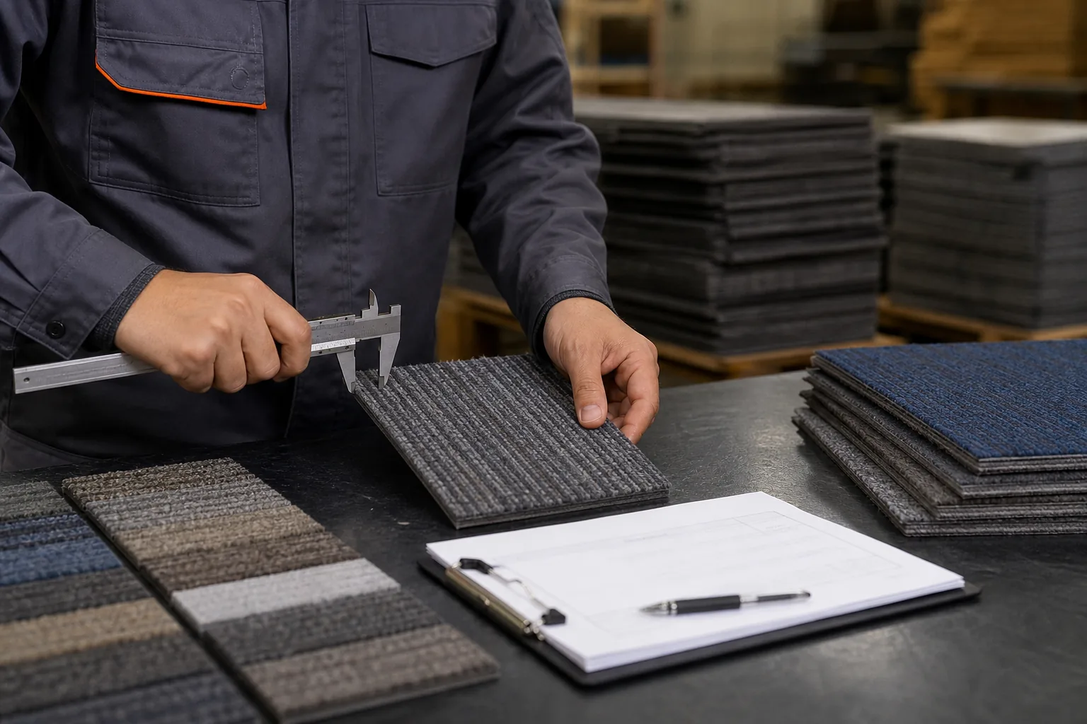 Commercial carpet tile sample approval and quality control measurement in a factory workspace